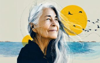 An elderly woman with long gray hair smiles by the sea. Birds fly across a bright yellow sun in the background, and the wind gently blows her hair. The image has an artistic, illustrated style.