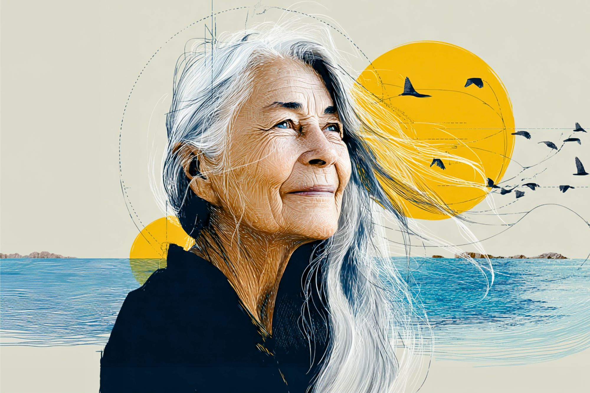 An elderly woman with long gray hair smiles by the sea. Birds fly across a bright yellow sun in the background, and the wind gently blows her hair. The image has an artistic, illustrated style.