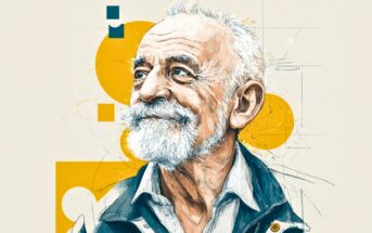 A detailed digital illustration of an elderly man with white hair and a beard, smiling and looking upward, wearing a collared shirt and jacket, with abstract yellow geometric shapes in the background.