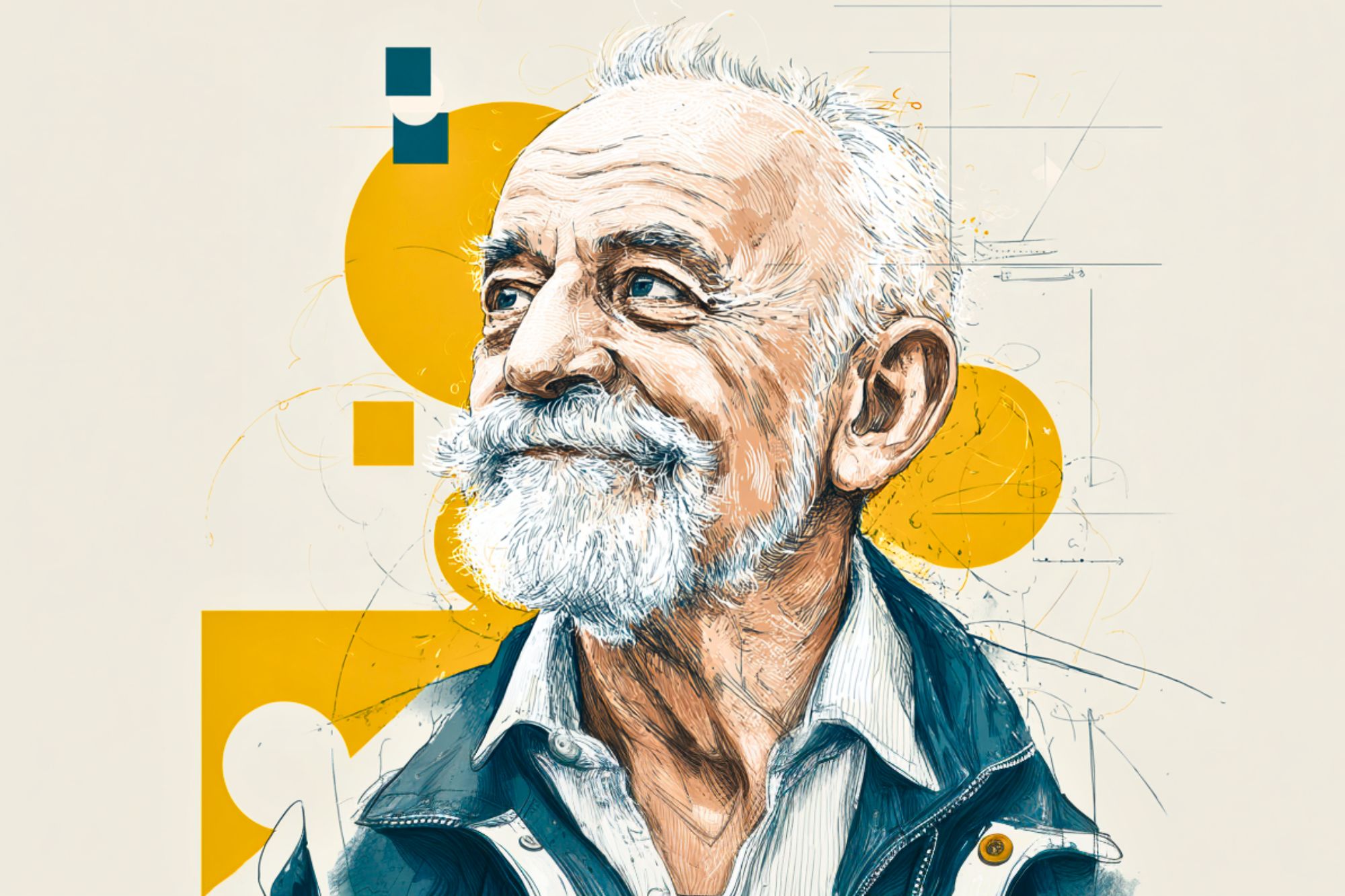 A detailed digital illustration of an elderly man with white hair and a beard, smiling and looking upward, wearing a collared shirt and jacket, with abstract yellow geometric shapes in the background.