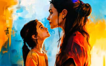 A digital painting of a woman and a young girl facing each other, gazing lovingly. The background blends vibrant blue, yellow, and orange tones, creating a warm and expressive atmosphere.