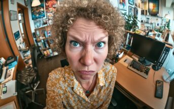 A woman with curly hair and a patterned shirt looks intensely into the camera with a furrowed brow, standing in a cluttered office filled with books, computers, and colorful art on the walls.