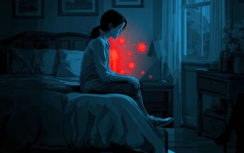 A woman sits on the edge of a bed in a dimly lit room, illuminated by glowing red virus-like shapes near her chest, suggesting illness or emotional distress. Moonlight streams through a window in the background.