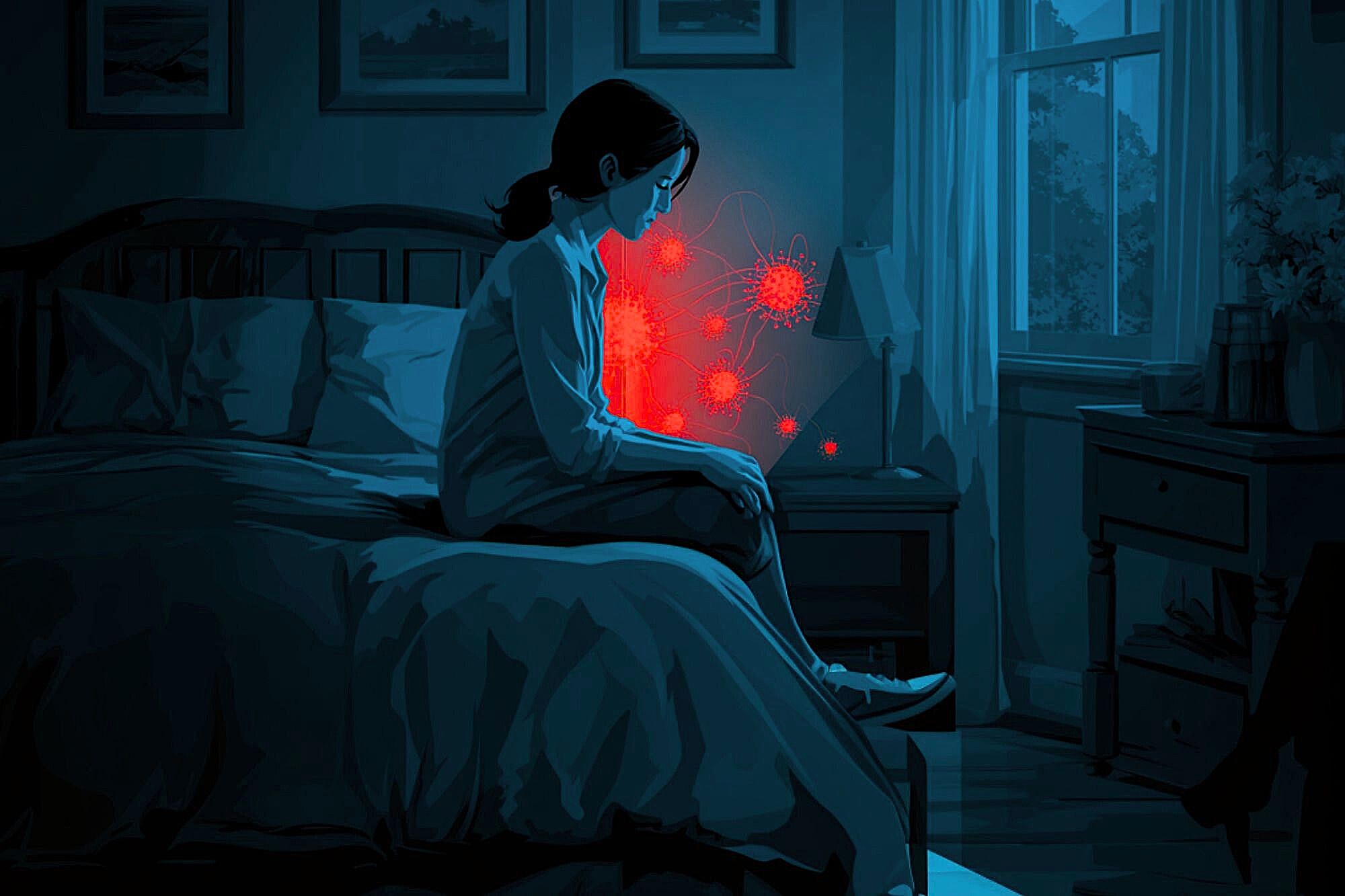 A woman sits on the edge of a bed in a dimly lit room, illuminated by glowing red virus-like shapes near her chest, suggesting illness or emotional distress. Moonlight streams through a window in the background.