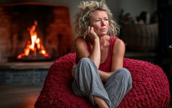 A woman with curly blonde hair sits pensively on a textured red bean bag near a lit fireplace, wearing a red tank top and gray pants. The cozy room has a warm, relaxed atmosphere.