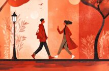 Two people in red coats walk toward each other on a path lined with trees and a lamppost, set against a warm, abstract background of oranges and reds with birds and suns in the sky.