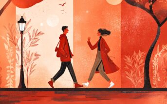 Two people in red coats walk toward each other on a path lined with trees and a lamppost, set against a warm, abstract background of oranges and reds with birds and suns in the sky.