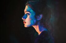 A colorful painting of a young woman in profile, facing left, with dramatic blue and purple lighting highlighting her face and neck against a dark background.