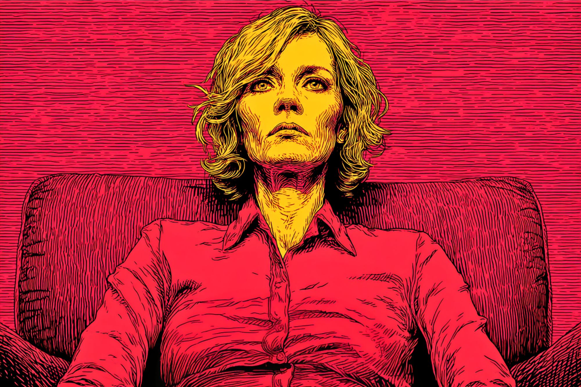 A stylized illustration of a woman with wavy hair sitting in an armchair, wearing a buttoned-up shirt. The color palette features bold reds, pinks, and yellows with dramatic shading and sketch-like lines.