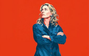 A stylized digital illustration of a woman with wavy blonde hair in a blue button-up shirt, standing with arms crossed and looking upwards against a bright red background.