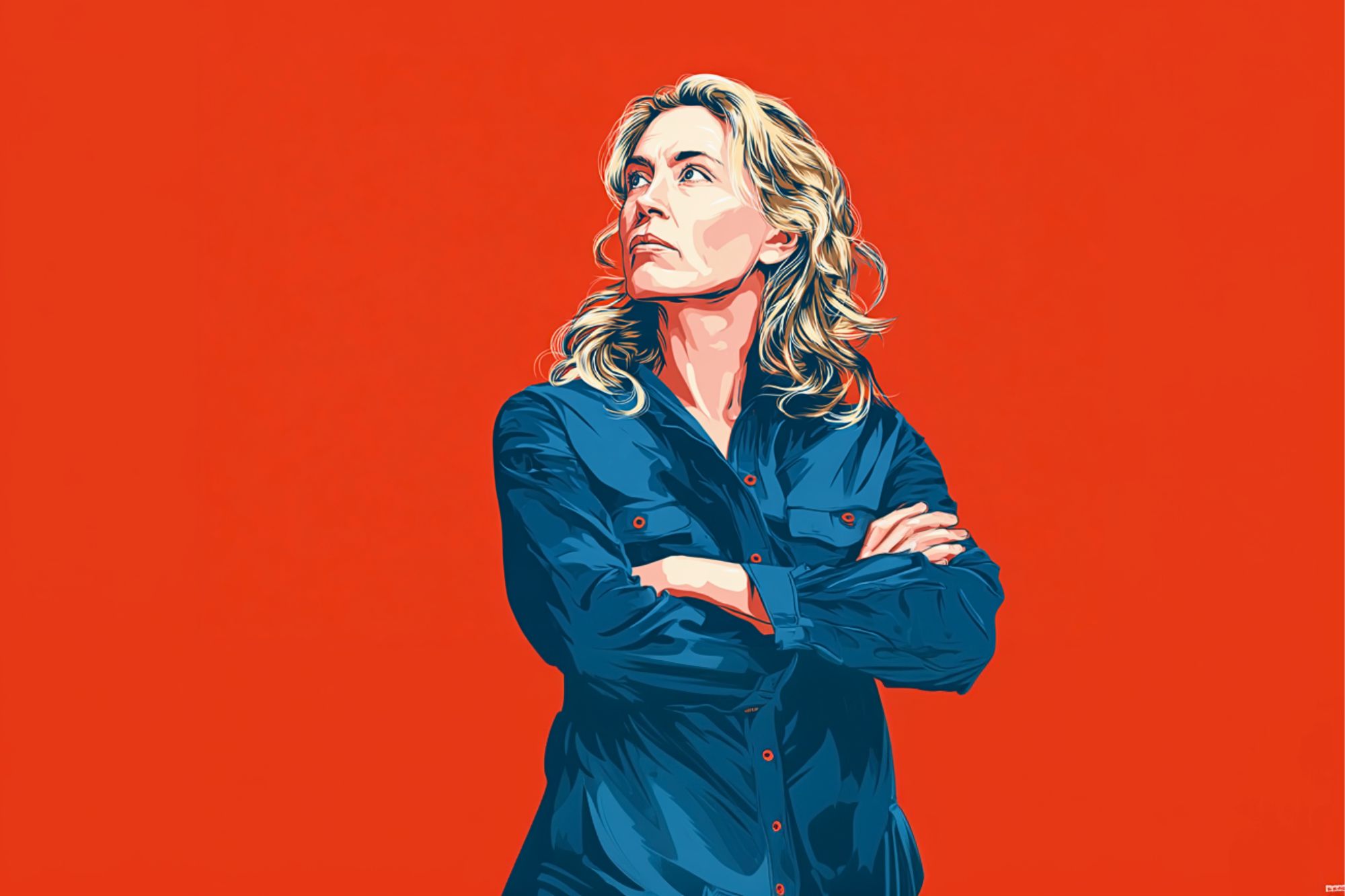 A stylized digital illustration of a woman with wavy blonde hair in a blue button-up shirt, standing with arms crossed and looking upwards against a bright red background.