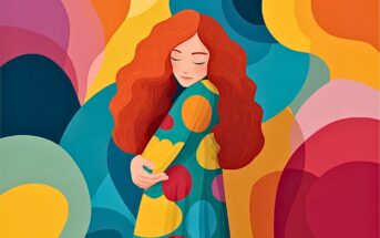 An illustration of a woman with long, wavy red hair in a teal coat covered with colorful polka dots, standing against a vibrant abstract background of overlapping shapes in yellow, orange, red, blue, and teal.