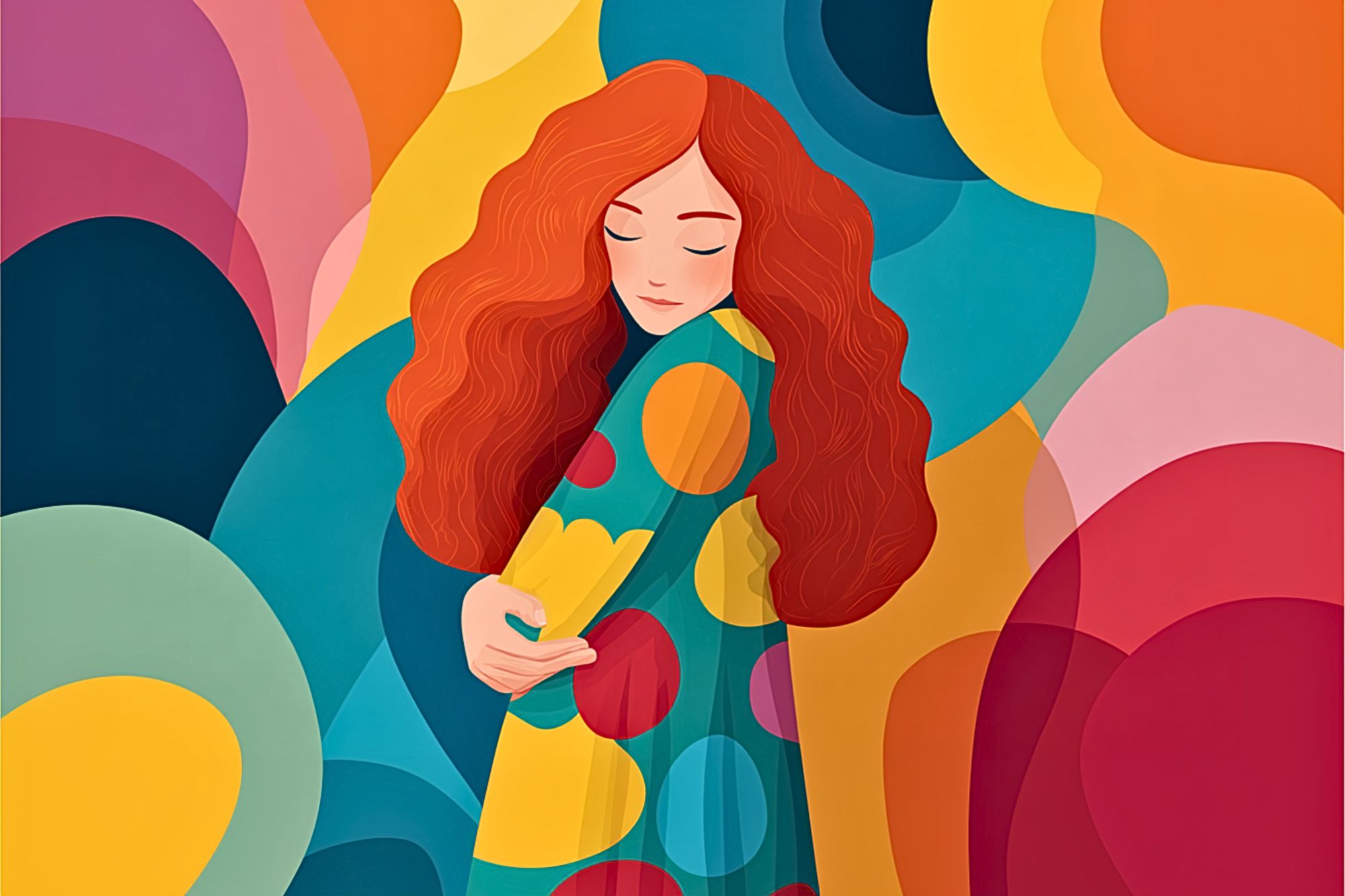 An illustration of a woman with long, wavy red hair in a teal coat covered with colorful polka dots, standing against a vibrant abstract background of overlapping shapes in yellow, orange, red, blue, and teal.