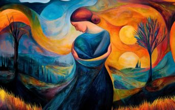 A woman in a flowing blue dress stands with her head bowed in a vibrant, swirling landscape of orange, yellow, and blue, featuring abstract trees, hills, and suns in a dreamlike, painterly style.