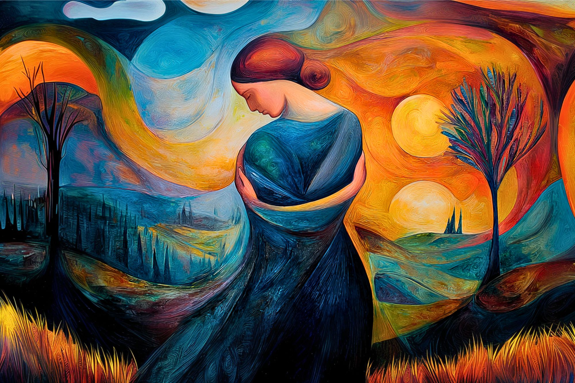 A woman in a flowing blue dress stands with her head bowed in a vibrant, swirling landscape of orange, yellow, and blue, featuring abstract trees, hills, and suns in a dreamlike, painterly style.