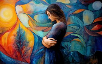 A woman with wavy brown hair stands with arms crossed, surrounded by swirling abstract patterns in blue, orange, and yellow, evoking a dreamy, emotional atmosphere.