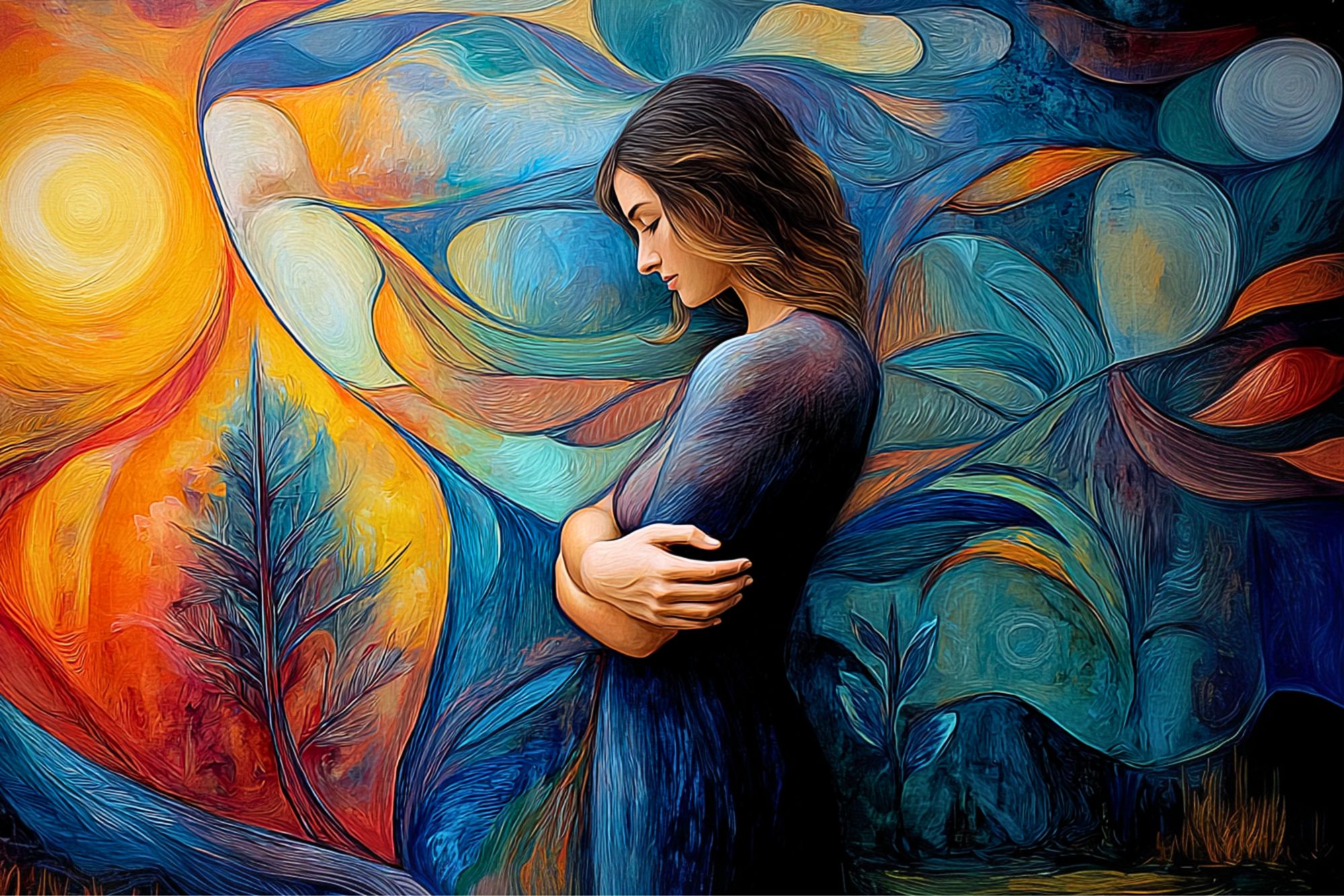 A woman with wavy brown hair stands with arms crossed, surrounded by swirling abstract patterns in blue, orange, and yellow, evoking a dreamy, emotional atmosphere.