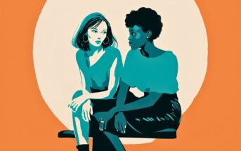 Illustration of two women sitting close together and talking, one with light skin and straight hair, the other with dark skin and curly hair, against an orange and cream circular background.