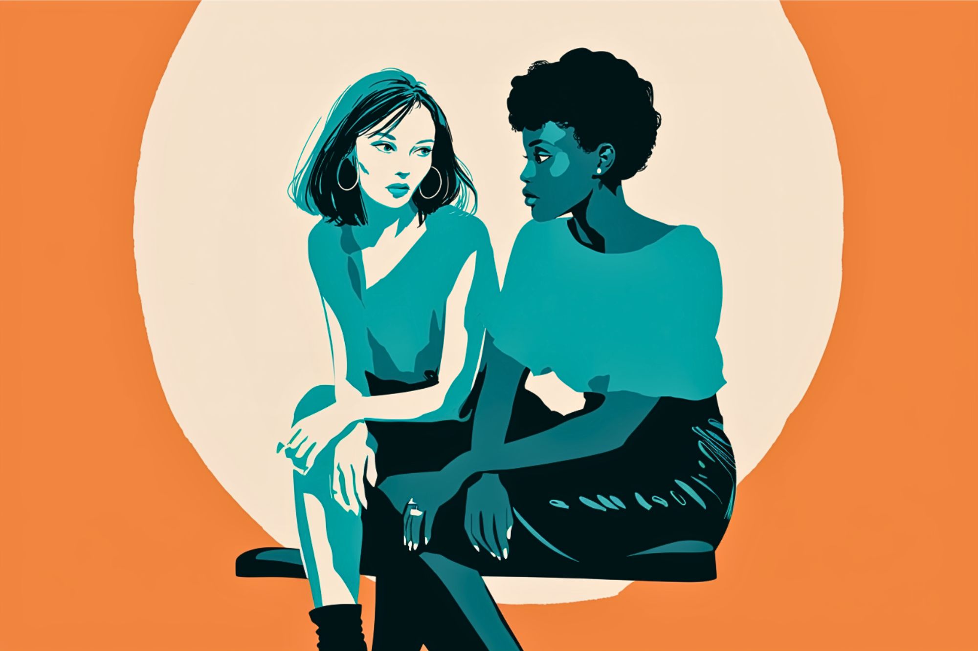 Illustration of two women sitting close together and talking, one with light skin and straight hair, the other with dark skin and curly hair, against an orange and cream circular background.