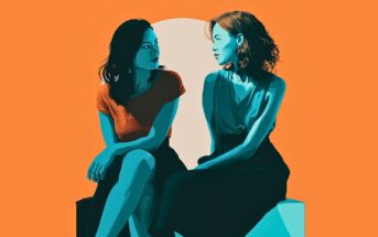 Two women, one with dark hair in an orange shirt, and another with brown hair in a blue dress, sit facing each other.