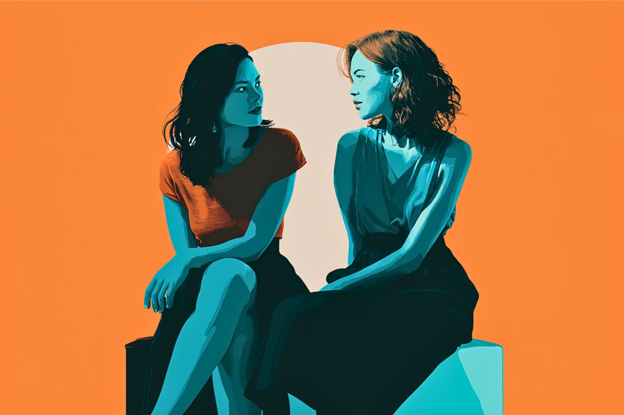 Two women, one with dark hair in an orange shirt, and another with brown hair in a blue dress, sit facing each other.