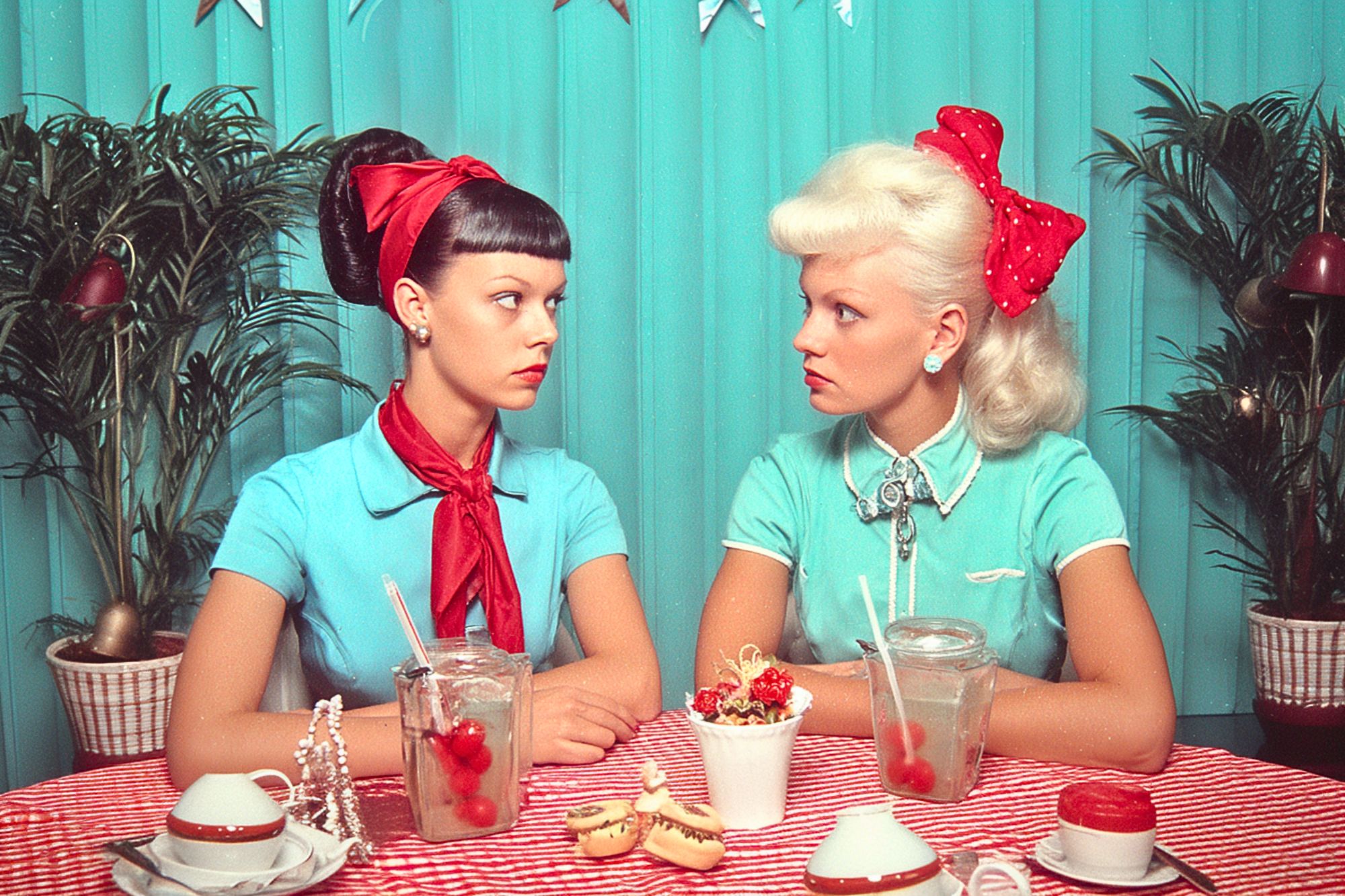 Two women with vintage hairstyles and red bows sit at a table with checkered tablecloth, drinks with cherries, and desserts, facing each other against a teal backdrop with plants and festive bunting.