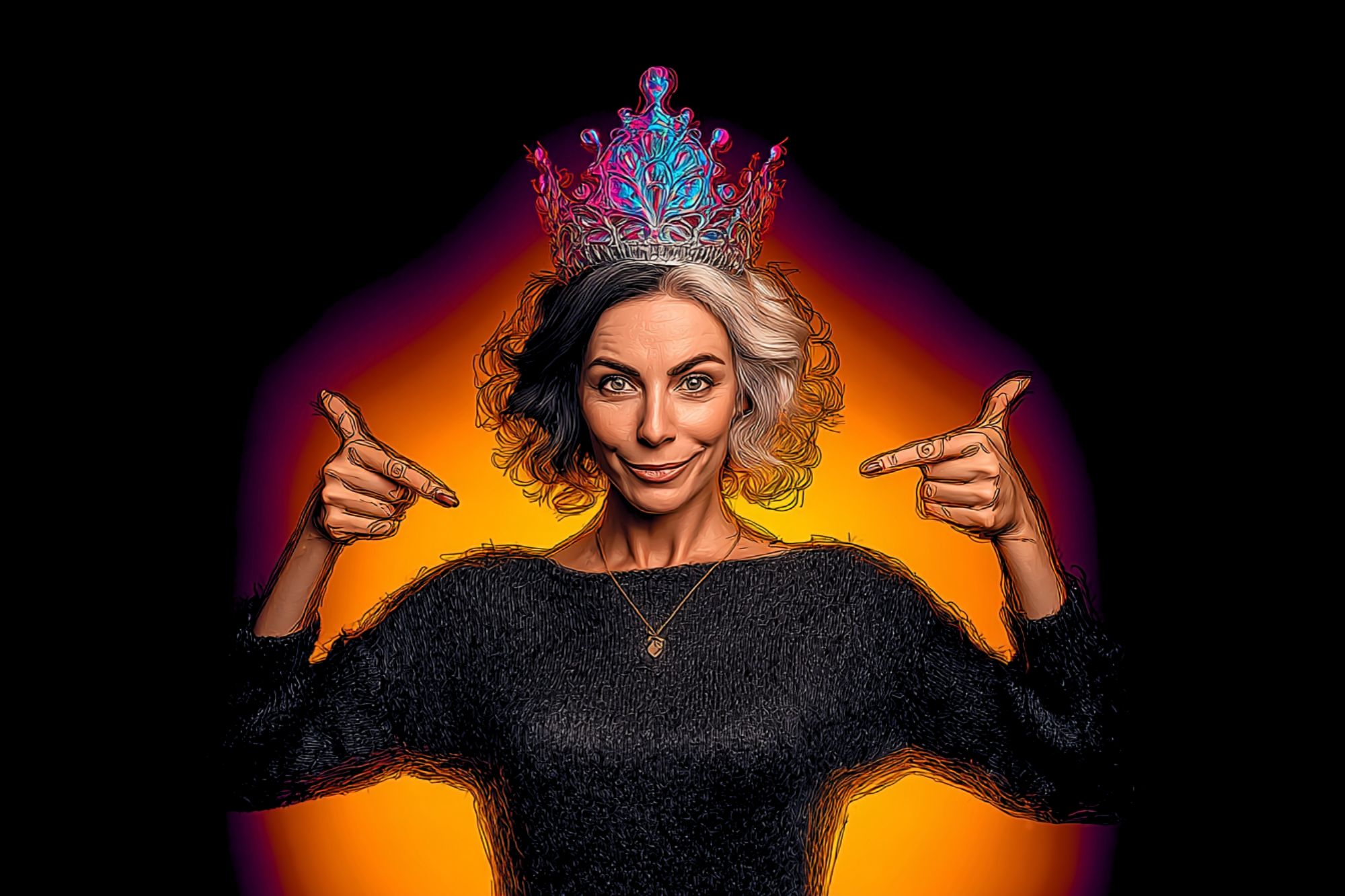 A woman with short gray hair wearing a colorful, ornate crown points at it with both hands. She smiles confidently, standing against a glowing orange and black background.