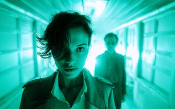 A woman with short dark hair stands in sharp focus under green lighting in a narrow hallway, looking directly at the camera; a blurred man stands behind her in the background.