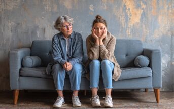 Two women sit on a gray couch looking concerned. One is older with gray hair and glasses, wearing a striped shirt; the other is younger with hair in a bun, resting her face in her hands, both wearing casual clothes and sneakers.