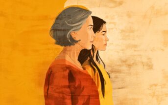 An illustration of an older woman with gray hair and a younger woman with dark hair standing side by side, both in profile, against a warm yellow and beige textured background.