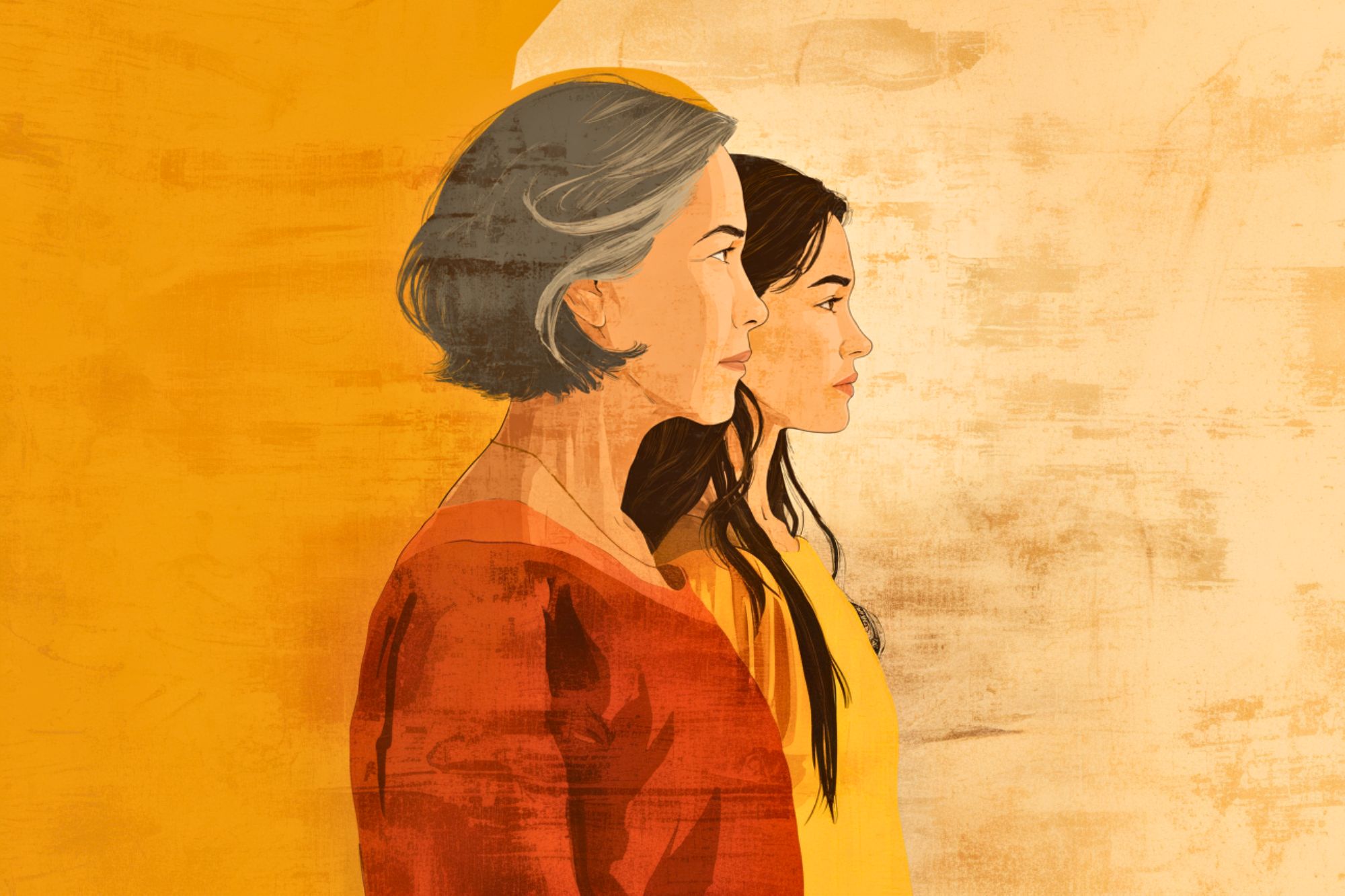 An illustration of an older woman with gray hair and a younger woman with dark hair standing side by side, both in profile, against a warm yellow and beige textured background.