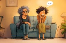 Two women sit on a couch in a cozy living room. One, older with gray curly hair and glasses, looks concerned. The other, younger, looks anxious with a speech bubble showing three dots above her head.