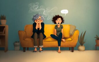 Two women sit on a yellow couch; one older woman looks bored with her head in her hands, while a younger woman next to her gestures and speaks animatedly. Speech bubble and squiggles show their different moods.