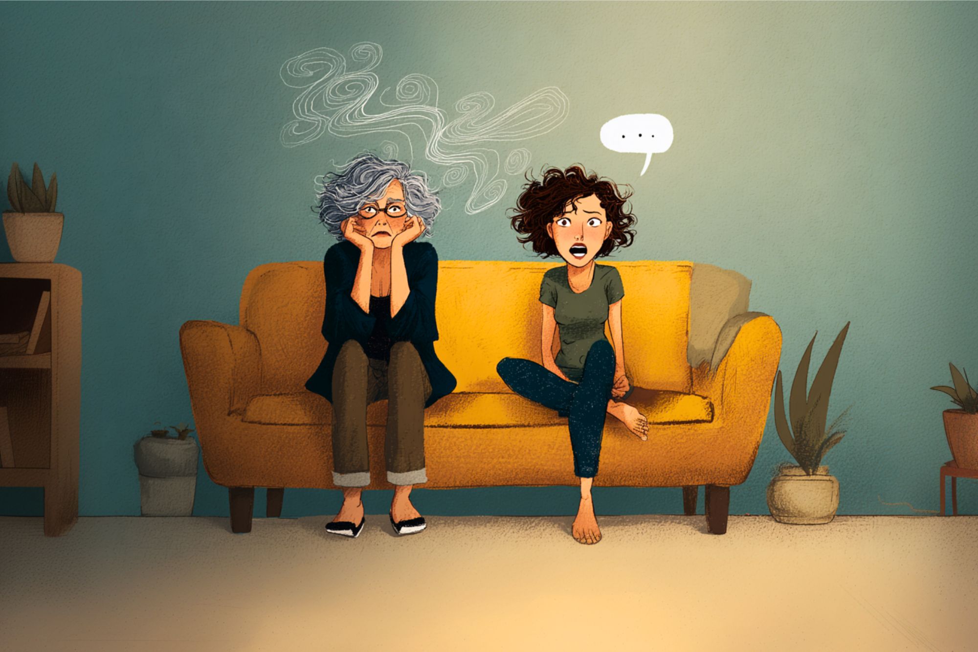 Two women sit on a yellow couch; one older woman looks bored with her head in her hands, while a younger woman next to her gestures and speaks animatedly. Speech bubble and squiggles show their different moods.