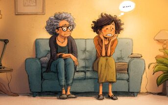 Two women sit on a couch in a cozy living room. One, older with gray curly hair and glasses, looks concerned. The other, younger, looks anxious with a speech bubble showing three dots above her head.