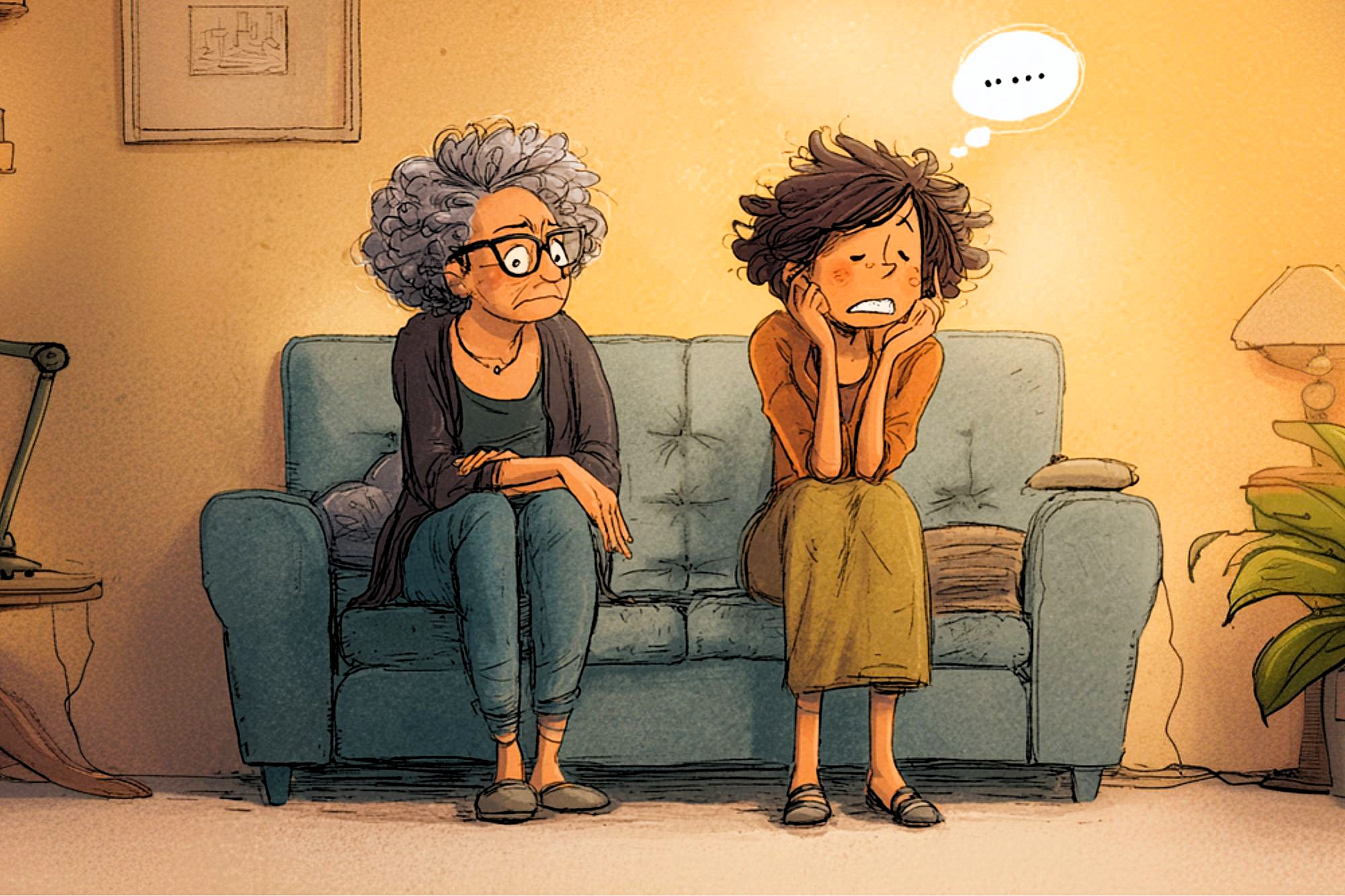Two women sit on a couch in a cozy living room. One, older with gray curly hair and glasses, looks concerned. The other, younger, looks anxious with a speech bubble showing three dots above her head.