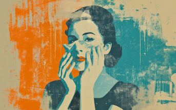 A stylized painting of a woman holding a paper mask to her face. The background is abstract, with bold splashes of orange and teal, and the woman appears contemplative, her features partially obscured by the mask.