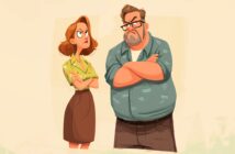 A cartoon woman and man stand side by side with crossed arms, both looking annoyed and frowning at each other. The woman has shoulder-length brown hair and wears a blouse and skirt; the man has a beard, glasses, and wears a shirt and pants.