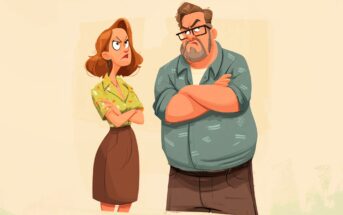 A cartoon woman and man stand side by side with crossed arms, both looking annoyed and frowning at each other. The woman has shoulder-length brown hair and wears a blouse and skirt; the man has a beard, glasses, and wears a shirt and pants.