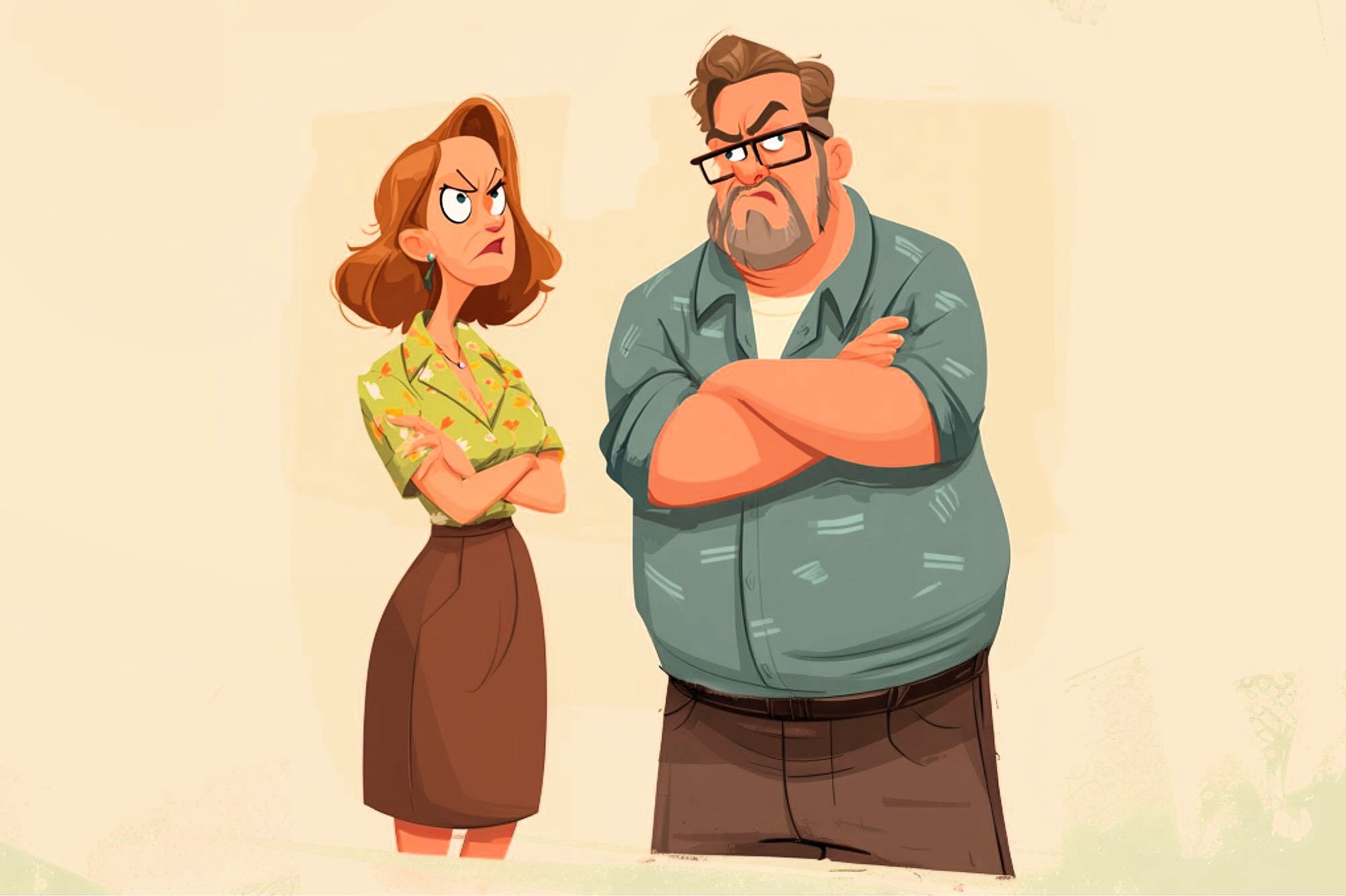 A cartoon woman and man stand side by side with crossed arms, both looking annoyed and frowning at each other. The woman has shoulder-length brown hair and wears a blouse and skirt; the man has a beard, glasses, and wears a shirt and pants.