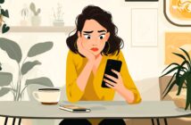 A worried woman with short brown hair and a yellow top sits at a table, staring at her phone. A notebook, pen, and coffee cup are on the table, with houseplants and framed art in the background.