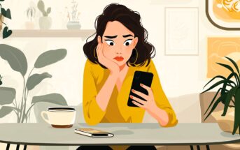 A worried woman with short brown hair and a yellow top sits at a table, staring at her phone. A notebook, pen, and coffee cup are on the table, with houseplants and framed art in the background.