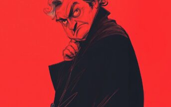 A cartoonish, stern-looking man with wavy hair and a scowl, wearing a dark coat, stands against a solid red background, gripping his collar and gazing intensely to the side.