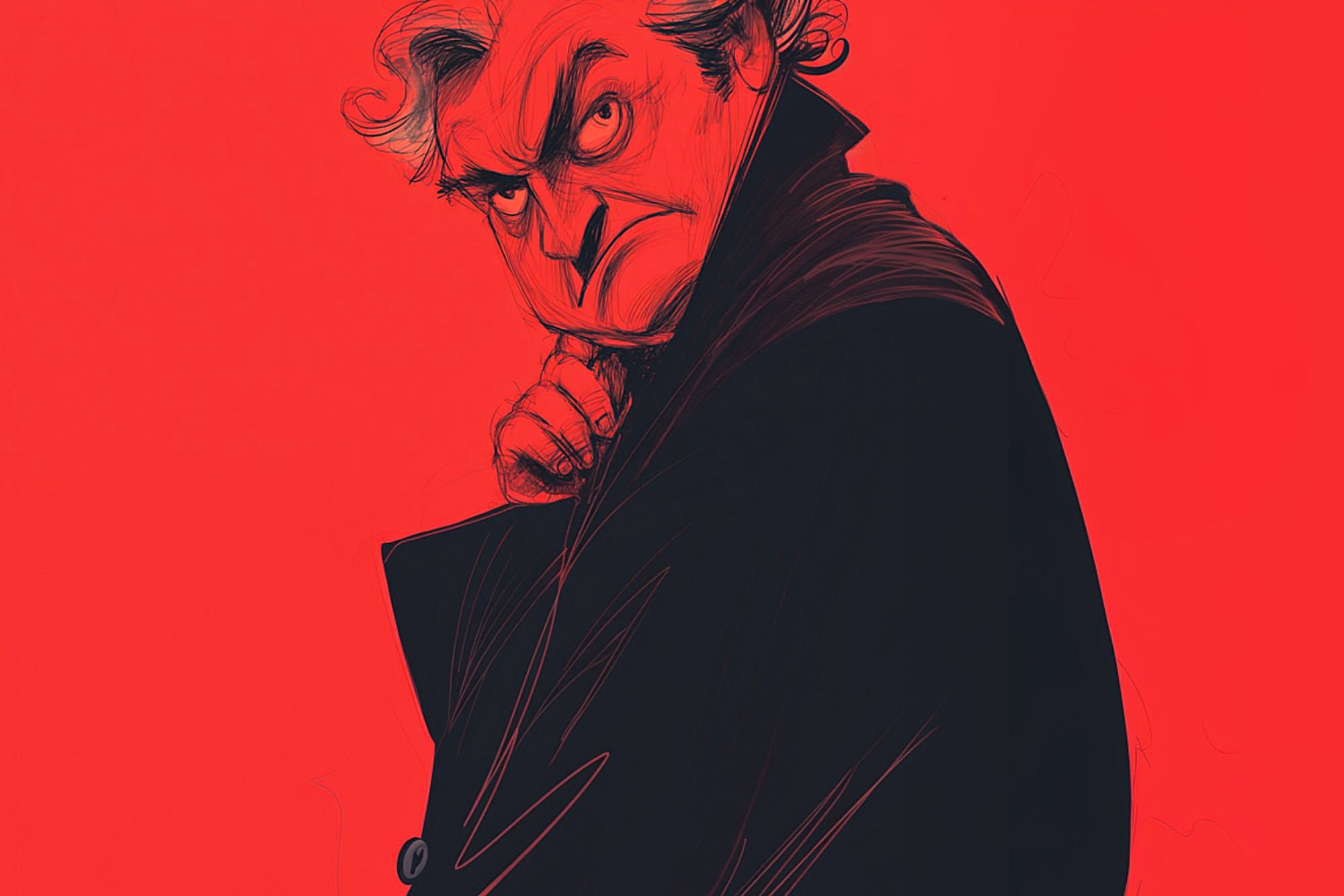 A cartoonish, stern-looking man with wavy hair and a scowl, wearing a dark coat, stands against a solid red background, gripping his collar and gazing intensely to the side.