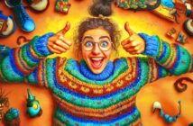 A cheerful woman with glasses and a colorful striped sweater smiles widely and gives two thumbs up, surrounded by various quirky objects on a vibrant yellow background.