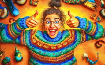 A cheerful woman with glasses and a colorful striped sweater smiles widely and gives two thumbs up, surrounded by various quirky objects on a vibrant yellow background.