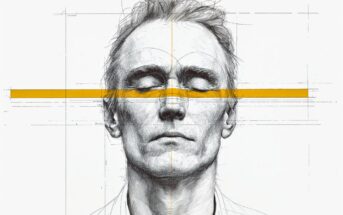 A detailed pencil sketch of a man's face with eyes closed, overlaid by precise architectural lines and a bold yellow horizontal stripe crossing his eyes, all set against a plain white background.