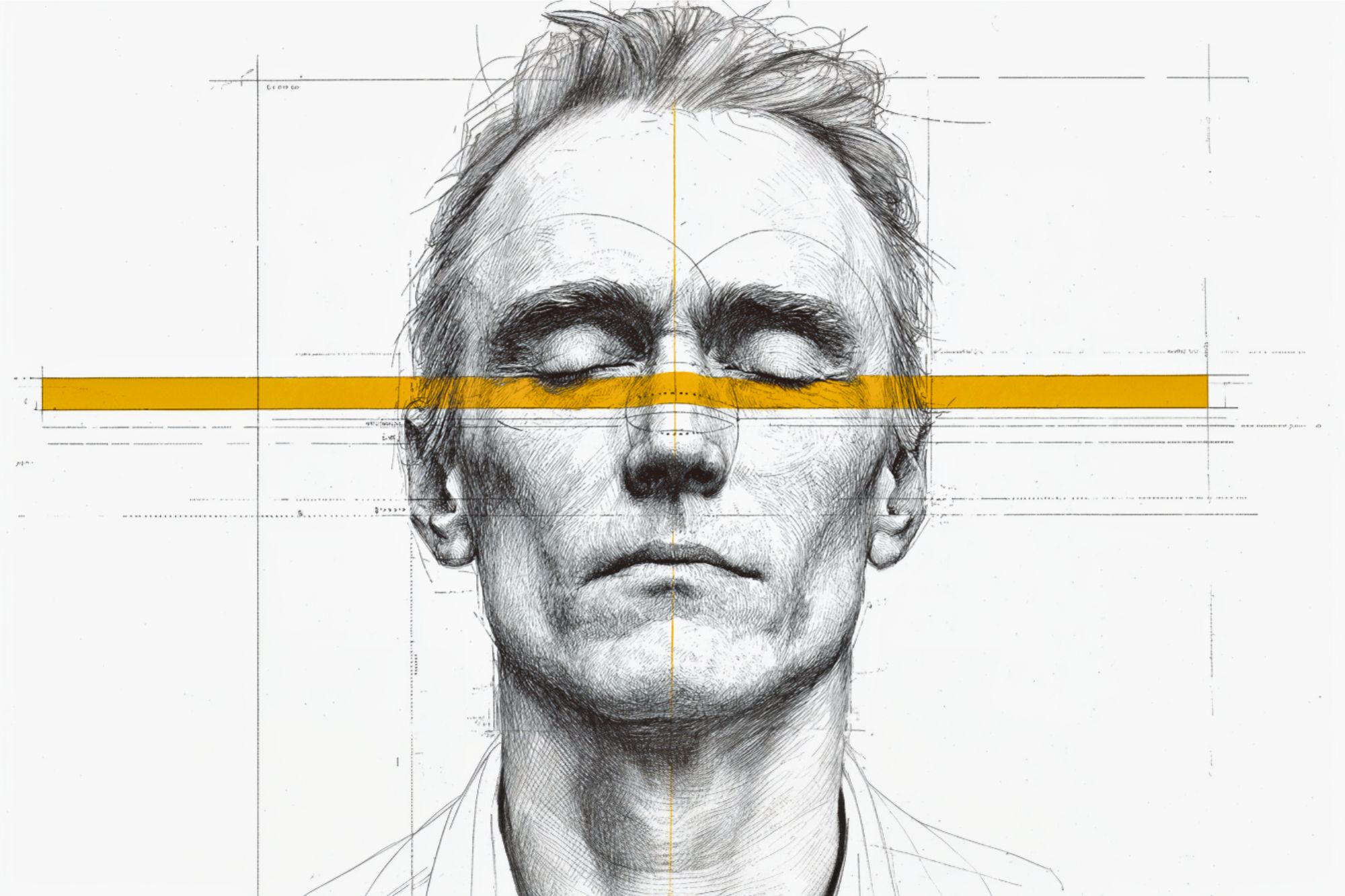 A detailed pencil sketch of a man's face with eyes closed, overlaid by precise architectural lines and a bold yellow horizontal stripe crossing his eyes, all set against a plain white background.