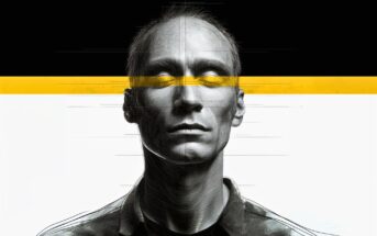 A monochrome sketch of a person with a serious expression is overlaid by a bold horizontal yellow stripe across their closed eyes, set against a divided black and white background.