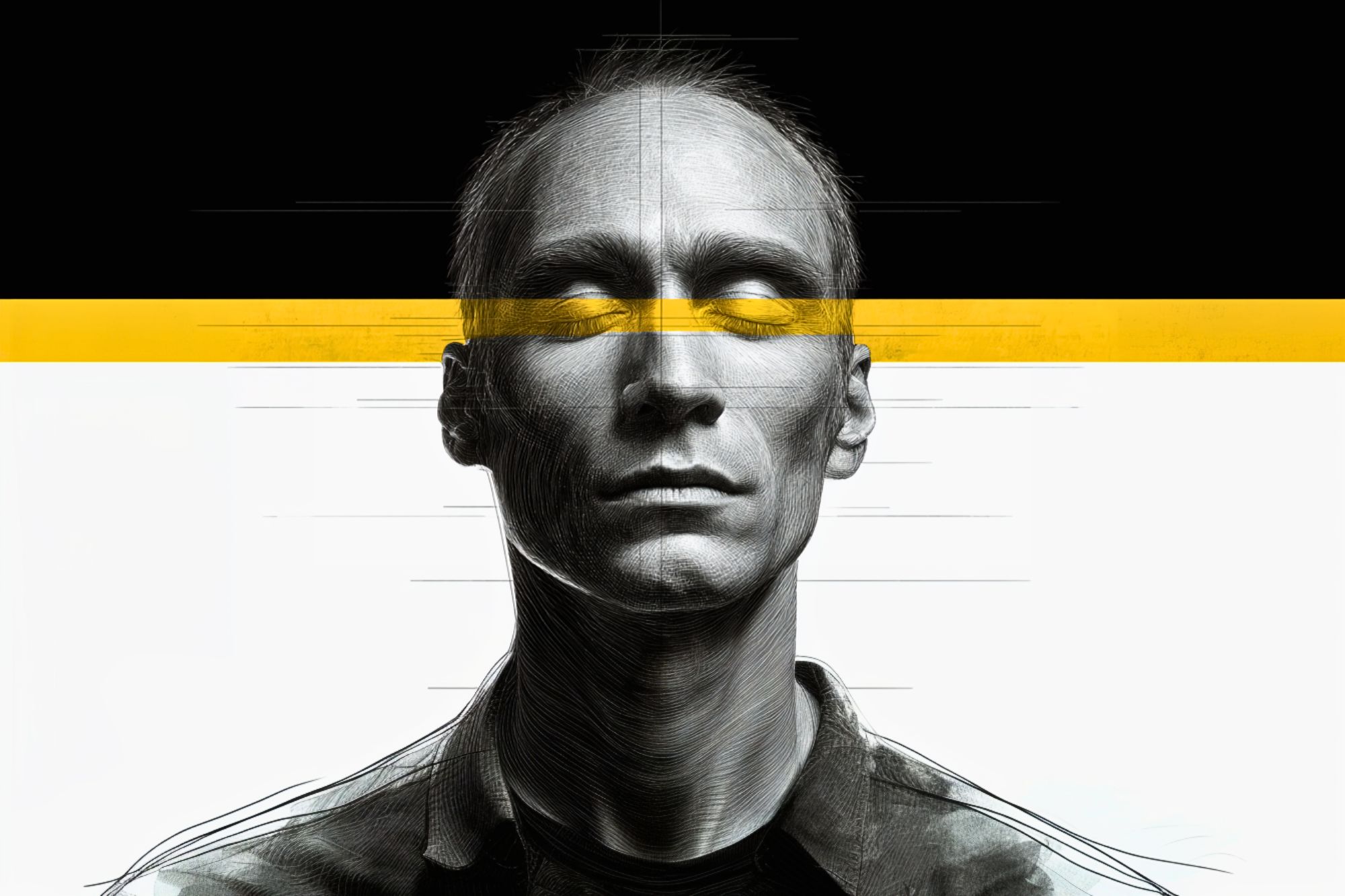 A monochrome sketch of a person with a serious expression is overlaid by a bold horizontal yellow stripe across their closed eyes, set against a divided black and white background.